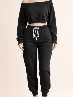 Black 2 Piece Off Shoulder Crop Top & Jogger Lounge Set